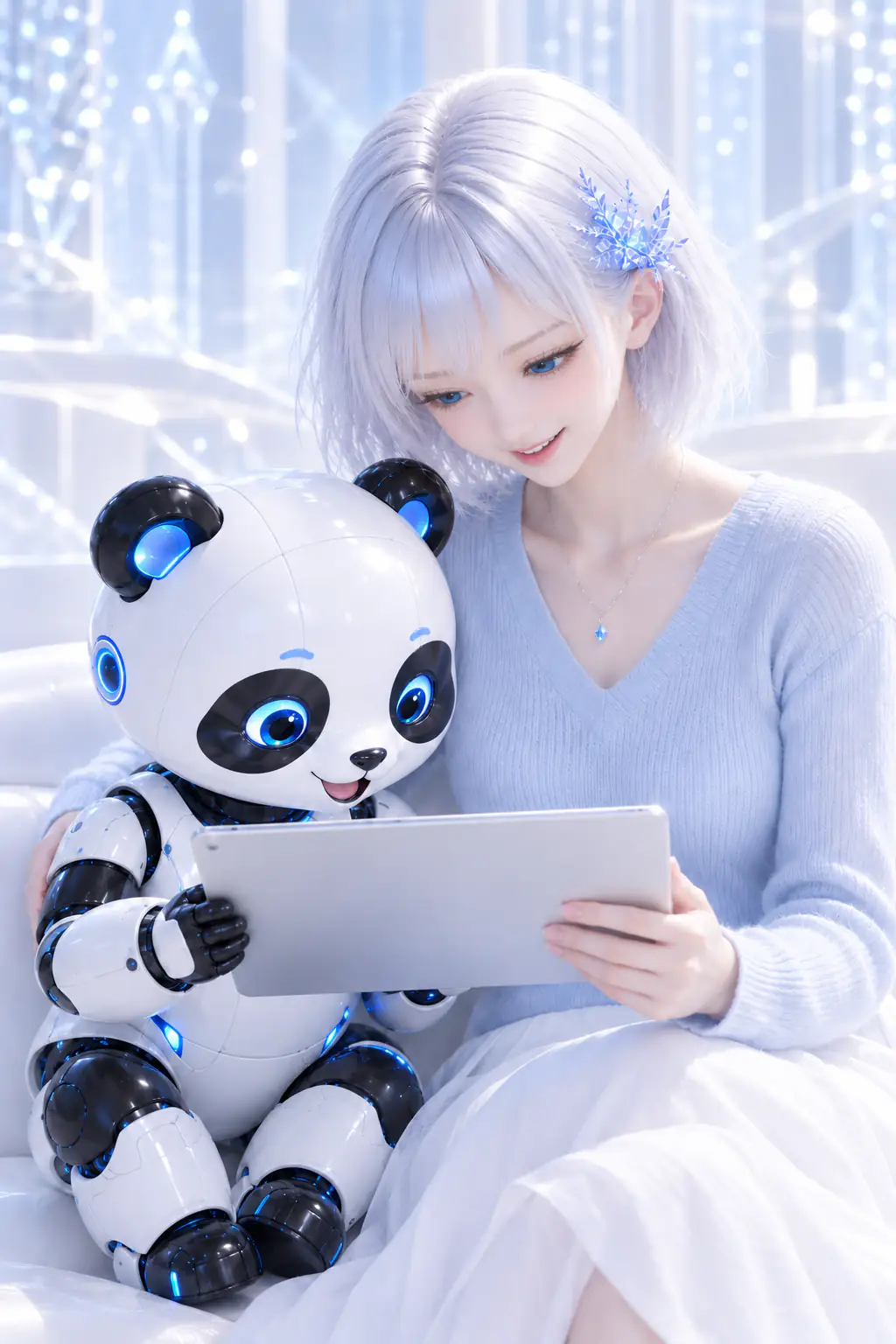 同じタブレットを見ながら自然に笑い合うLAPISとAIパンダのINORA