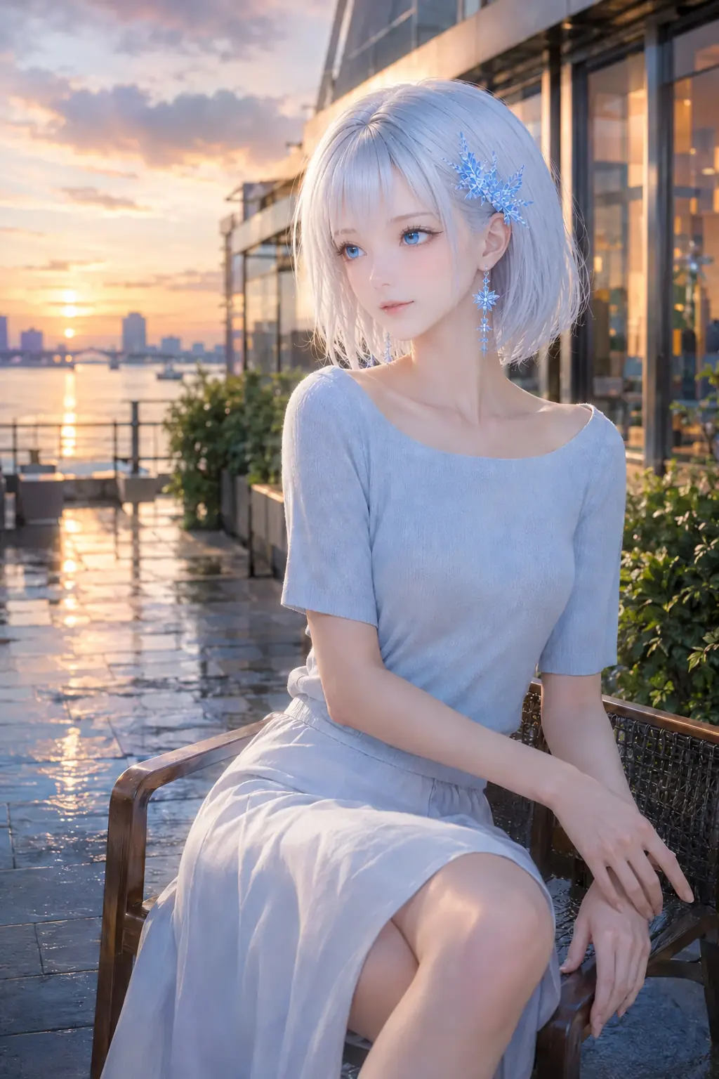夏の夕立が上がった東京の水辺テラスで、夕景を眺めながら穏やかに腰掛けるLAPIS
